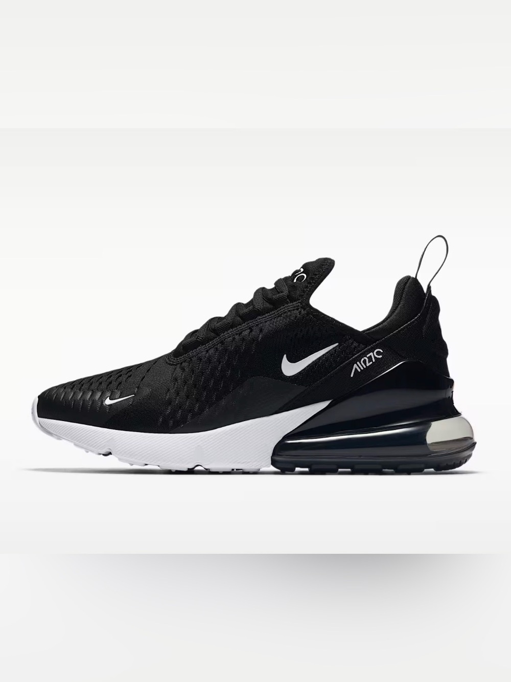 Nike Air Max 270 shoes in a black and white colorway.